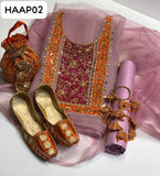Multani 6Pc Collection Organza handmade fully Embroiderd Shirt And Kattan Silk plain Trouser With Organza Embroidered Dupatta With Beautiful Embroidered Khusa. Hanging Clutch or Beautiful Bangles As a Gift