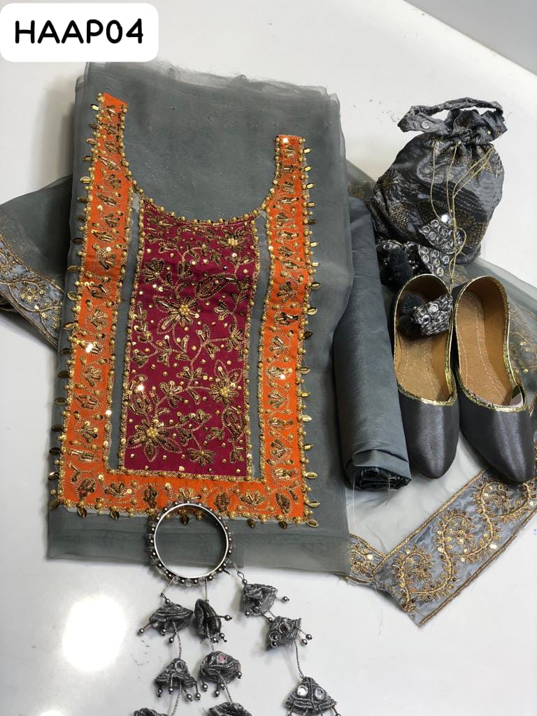 Multani 6Pc Collection Organza handmade fully Embroiderd Shirt And Kattan Silk plain Trouser With Organza Embroidered Dupatta With Beautiful Embroidered Khusa. Hanging Clutch or Beautiful Bangles As a Gift