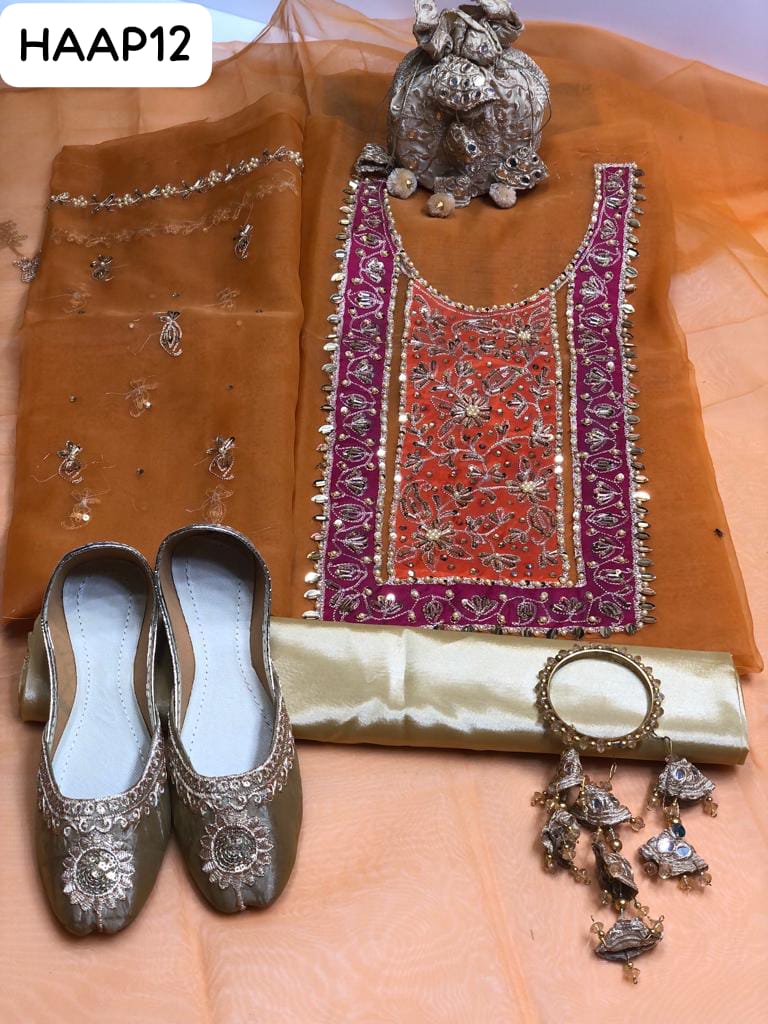 Multani 6Pc Collection Organza handmade fully Embroiderd Shirt And Kattan Silk plain Trouser With Organza Embroidered Dupatta With Beautiful Embroidered Khusa. Hanging Clutch or Beautiful Bangles As a Gift