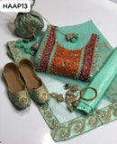 Multani 6Pc Collection Organza handmade fully Embroiderd Shirt And Kattan Silk plain Trouser With Organza Embroidered Dupatta With Beautiful Embroidered Khusa. Hanging Clutch or Beautiful Bangles As a Gift