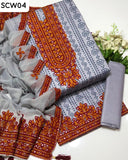 Soft Lawn Cotton Chunri Print Work & Aari Gala Daman Embroidred Work Shirt With Same Colour 4 Side Boder Heavy Embroidred Chiffon Dupatta And Same Colour Plane Trouser 3Pc Dress