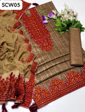 Soft Lawn Cotton Chunri Print Work & Aari Gala Daman Embroidred Work Shirt With Same Colour 4 Side Boder Heavy Embroidred Chiffon Dupatta And Same Colour Plane Trouser 3Pc Dress