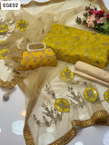 Soft Silk Fabric Front Jaal Work Shirt With Net Aplic Work Duppata And Masoori Trouser 3Pc Dress With Clutch As a Gift