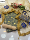 Soft Silk Fabric Front Jaal Work Shirt With Net Aplic Work Duppata And Masoori Trouser 3Pc Dress With Clutch As a Gift