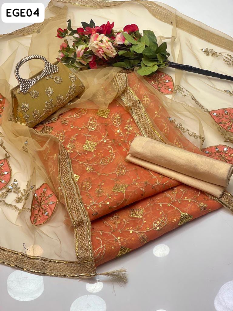 Soft Silk Fabric Front Jaal Work Shirt With Net Aplic Work Duppata And Masoori Trouser 3Pc Dress With Clutch As a Gift