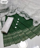 Lawn Fabric Chinkan Kari Embroidered Shirt With Organza Banrsi Dupatta And Kataan Trouser 3Pc Dress