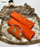 Kataan Silk Fabric Plain Shirt With Net Mirror Work Dupatta and Kataan Silk Plain Trouser 3Pc Dress With Clutch As A Gift