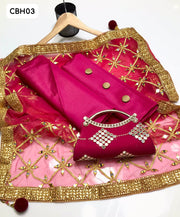 Kataan Silk Fabric Plain Shirt With Net Mirror Work Dupatta and Kataan Silk Plain Trouser 3Pc Dress With Clutch As A Gift