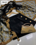 Kataan Silk Fabric Plain Shirt With Net Mirror Work Dupatta and Kataan Silk Plain Trouser 3Pc Dress With Clutch As A Gift