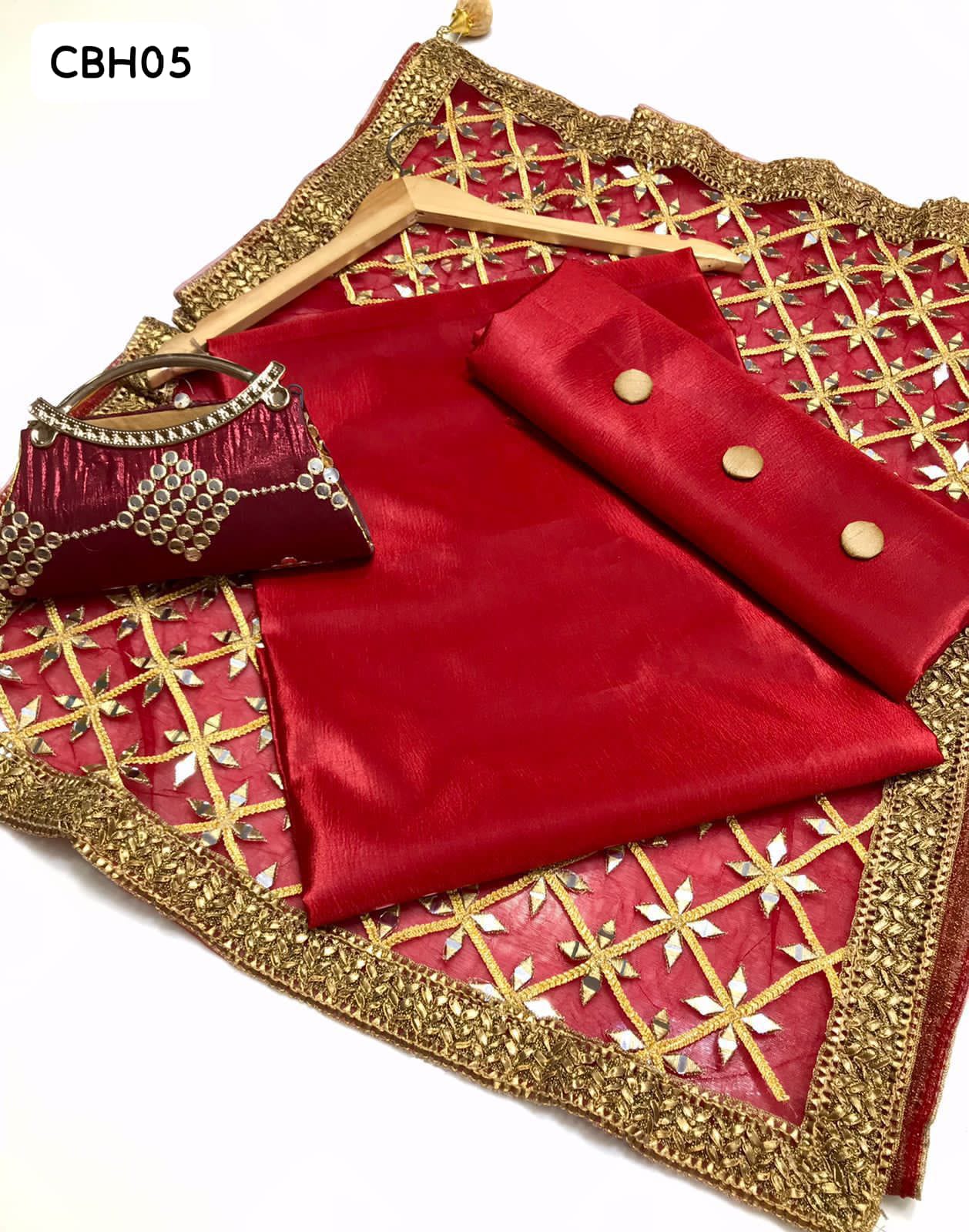 Kataan Silk Fabric Plain Shirt With Net Mirror Work Dupatta and Kataan Silk Plain Trouser 3Pc Dress With Clutch As A Gift