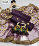 Kataan Silk Fabric Plain Shirt With Net Mirror Work Dupatta and Kataan Silk Plain Trouser 3Pc Dress With Clutch As A Gift