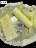 KHADDI NET FABRIC COMPUTER EMBROIDERY WORK SHIRT & KHADDI NET CUTWORK EMBROIDERED SLEEVES WITH KHADDI NET CUTWORK EMBROIDERED DUPPATTA AND COTTON SILK TROUSER 4 PC DRESS