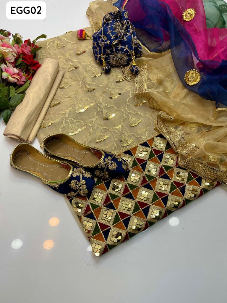 Masoori Fabric Multy Work Jaal & Daman Shirt With Tissue Molty Less & Gota Work Duppata And Masoori Trouser With Beautiful Khussa & Bag As a Gift