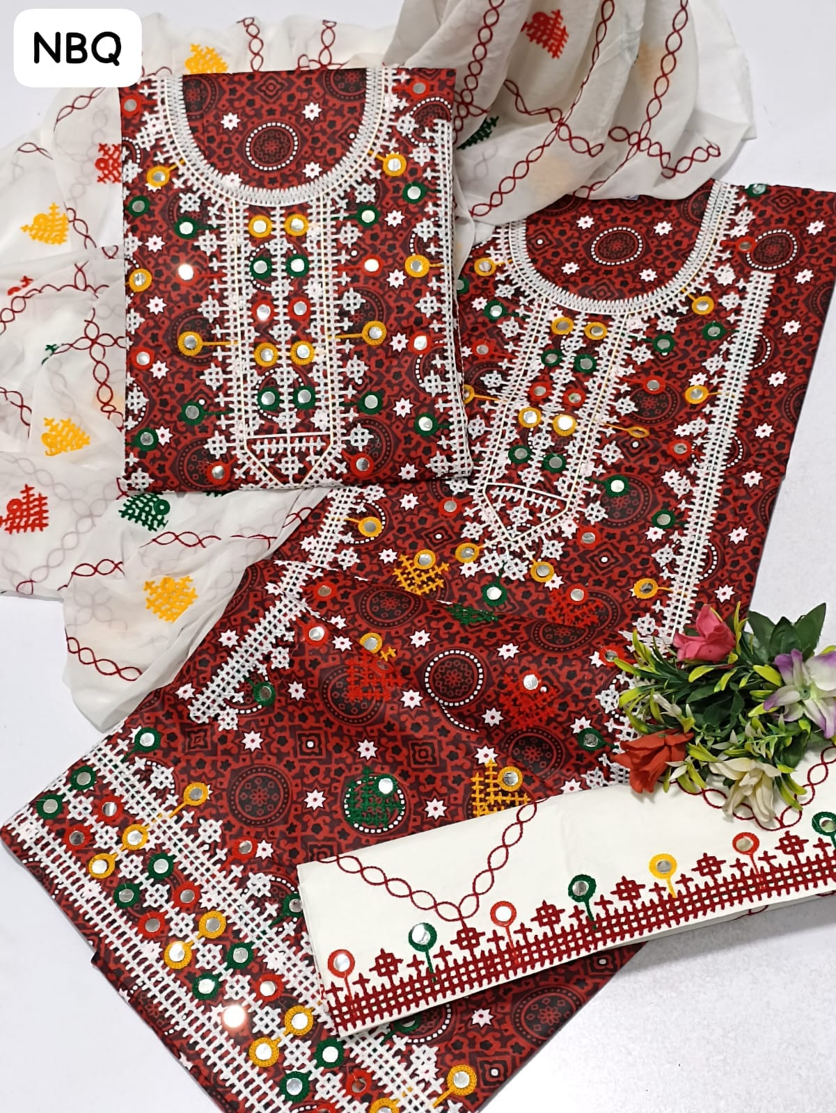 Soft Lawn Fabric Ajrak Print Computer Multi Sindhi Gala with Heavy Daman Embroided Shirt With White Contras Heavy Embroided Chiffon Dupatta And Lawn White Contras Heavy Embroided Trouser 3Pc Dress