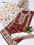 Soft Lawn Fabric Ajrak Print Computer Multi Sindhi Gala with Heavy Daman Embroided Shirt With White Contras Heavy Embroided Chiffon Dupatta And Lawn White Contras Heavy Embroided Trouser 3Pc Dress