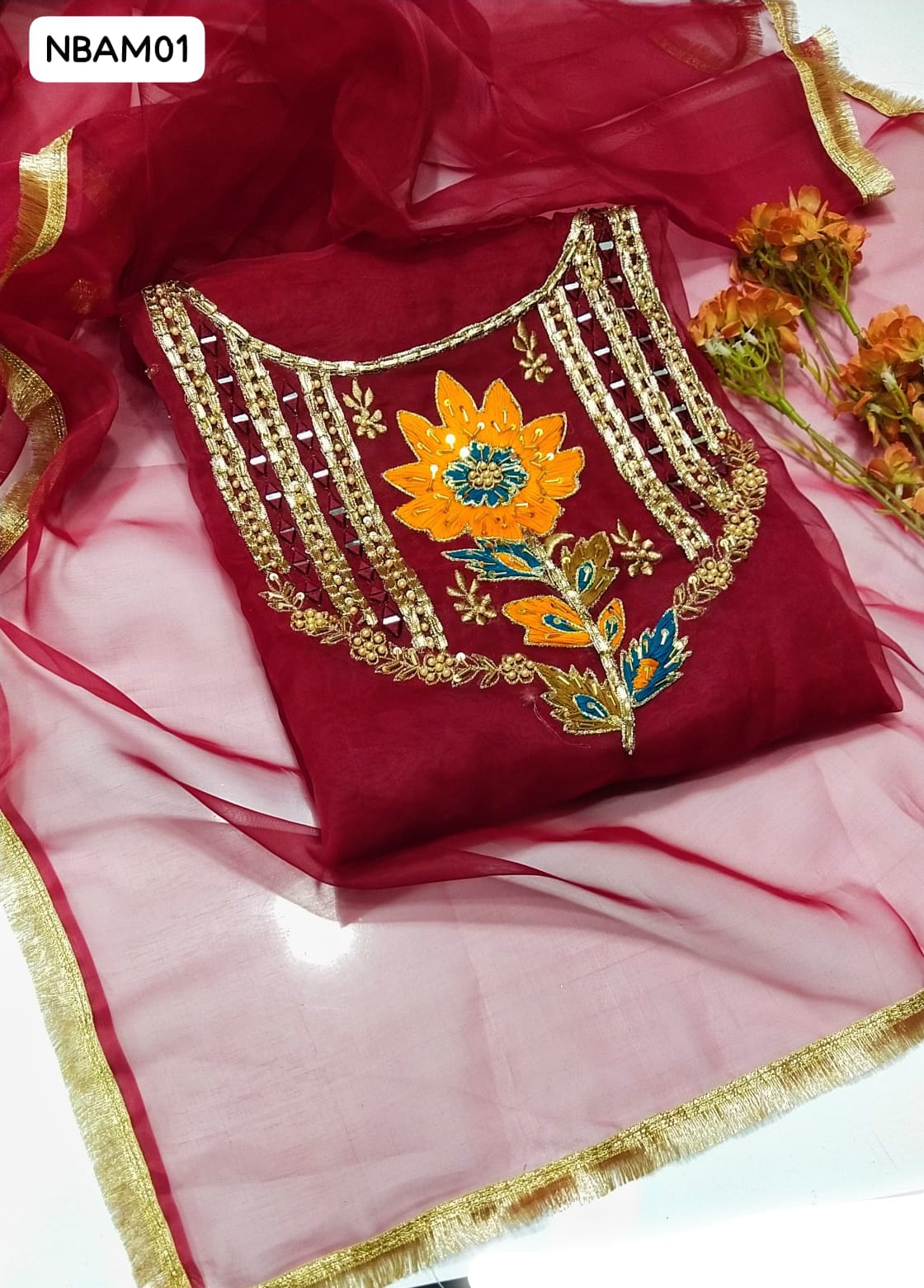 Indian Pure Organza Fabric Hand Work Beautiful Full Heavy Gala Shirt And Organza 4Said Zari Les Dupatta 2pc Dress