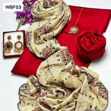 Katan Silk Fabric Plain Shirt & Trouser With lawn Chunri Block Print Duppata 3Pc Dress With Earrings And Mata Pati Gift