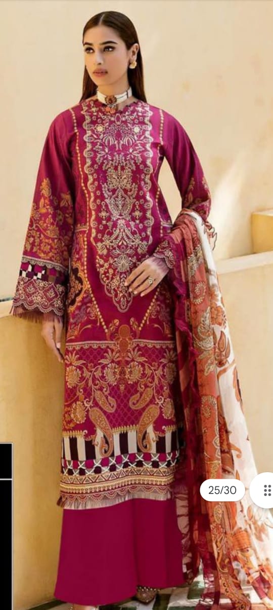 Lawn Fabric Multi-Head Front Embroidered Work Shirt With Chiffon Printed Dupatta And Double Sequence+Chiken Embroidered Trouser 3Pc Dress