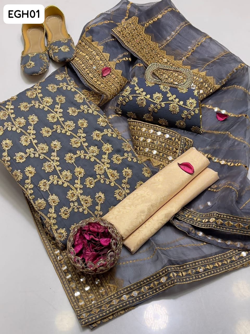 Crinkle Chiffon Fabric Marble And Gotta Embroidery Work Shirt With Tissue Organza Fabric 9Mm Panni Sheesha Embroidery With Heavy Pallu Embroidery Work Dupatta And Self Embossed Masuri Trouser 3Pc Dress With Matching Khussa & Matching Clutch As A Gift
