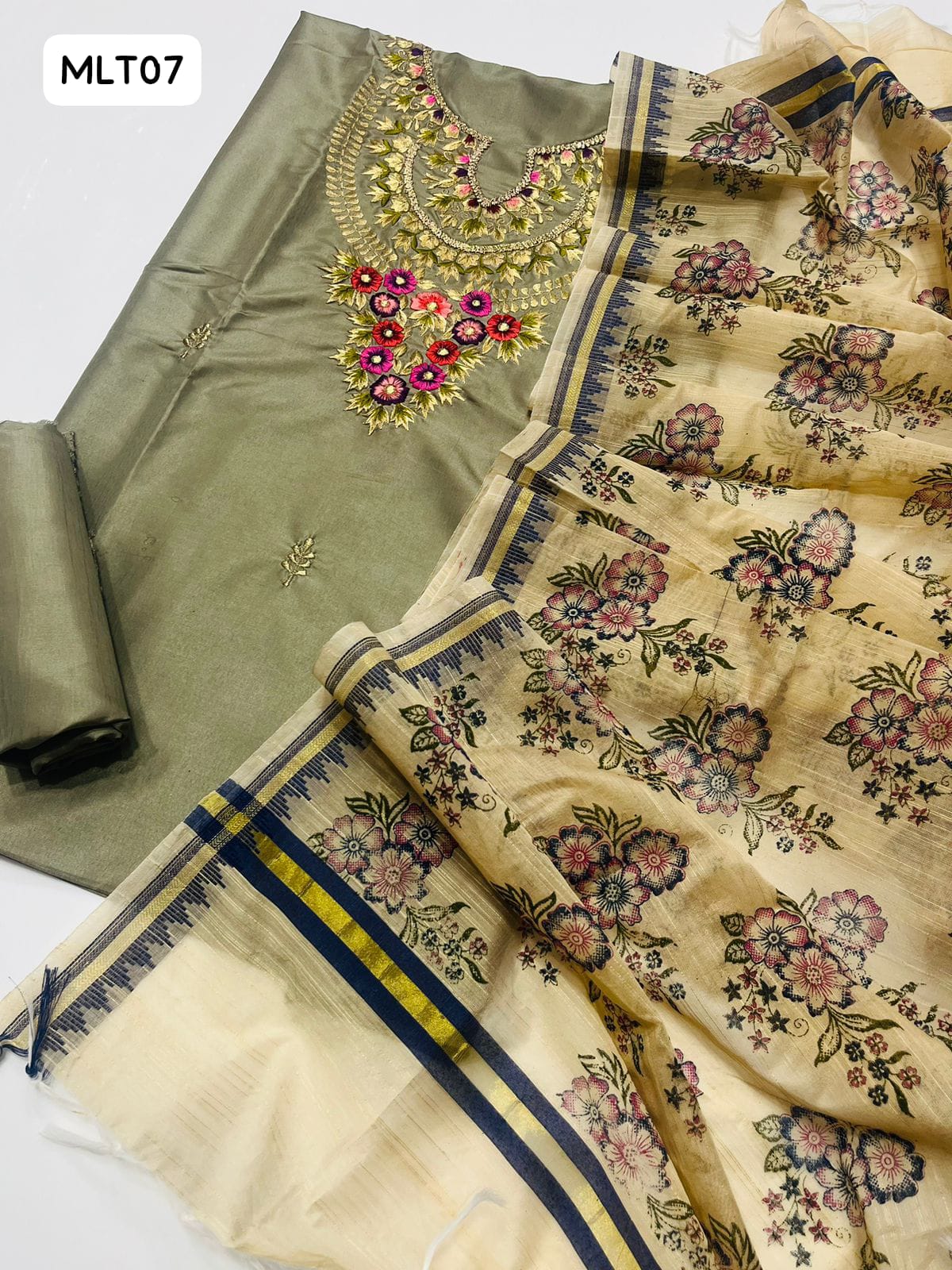 Kataan Silk Fabric Computer Embroidered Work Shirt With Masori Digital Print And Kataan Silk Plain Trouser 3Pc Dress
