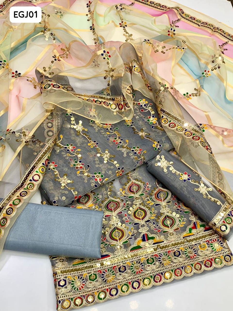 Latest Fancy Collection  Organza Fabric Daman Molty Beautiful Work Shirt With Organza Molty Border Work Duppata & Seleeves work And Masoori Trouser 3Pc Dress