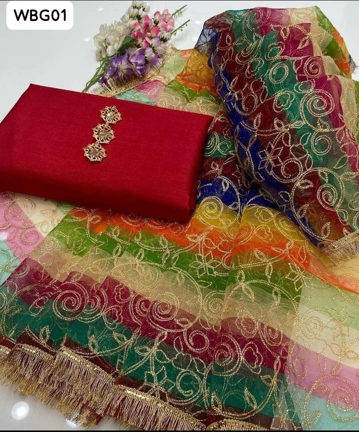Kataan Silk Fabric Plain Shirt With Organza Full Heavy Jaal Embroidered Multi Print Dupatta And Kataan Silk Plain Trouser 3Pc Dress With Neckline gifts