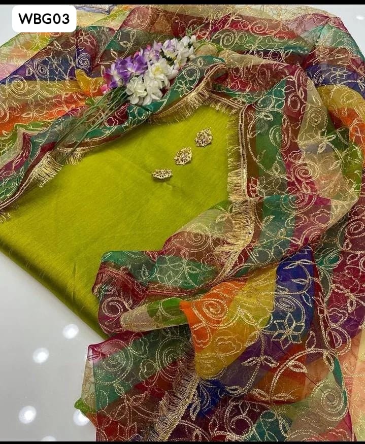 Kataan Silk Fabric Plain Shirt With Organza Full Heavy Jaal Embroidered Multi Print Dupatta And Kataan Silk Plain Trouser 3Pc Dress With Neckline gifts