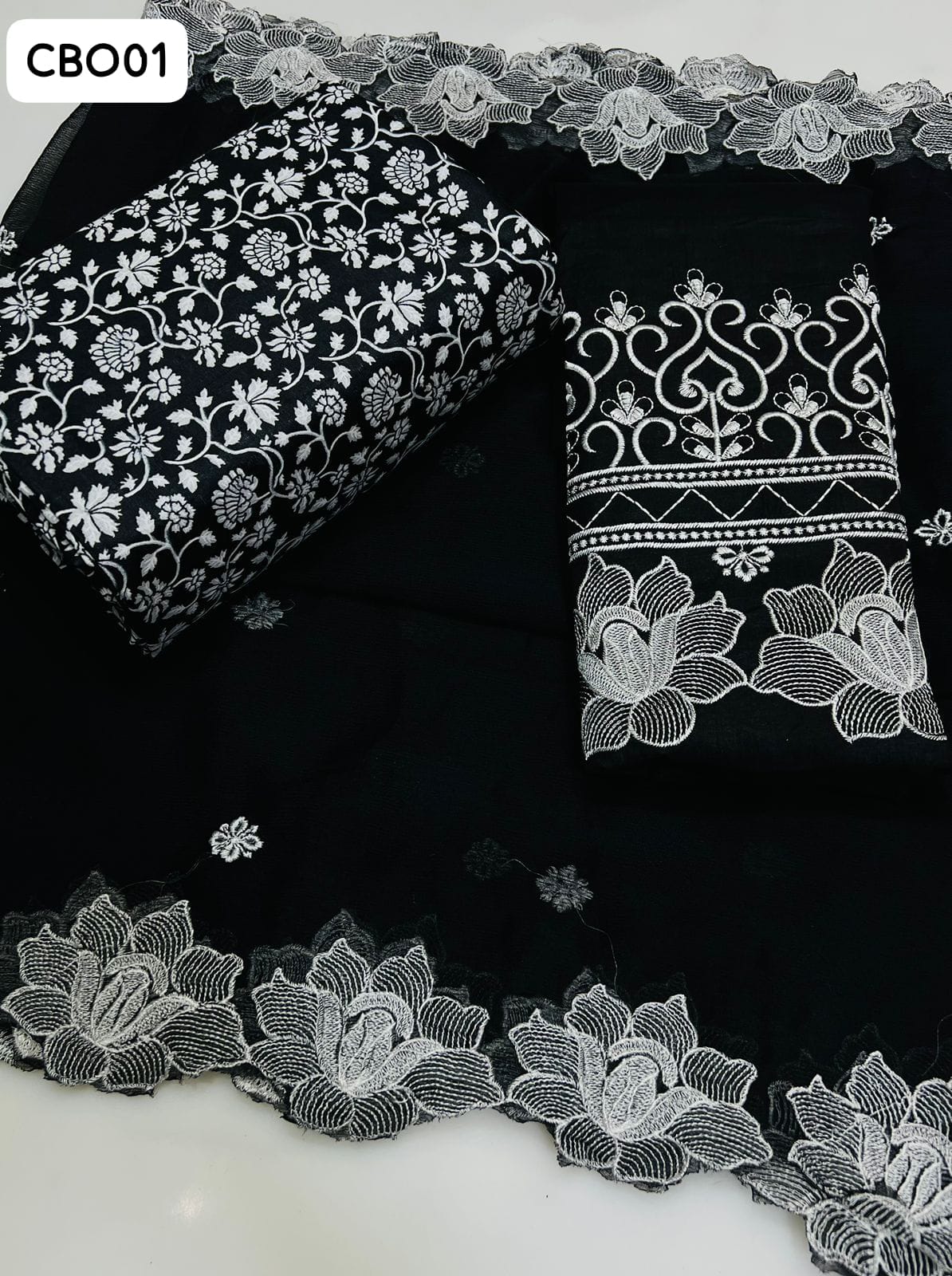 Lawn Fabric printed Shirt With Chiffon Krincle 2 Side Karhai Work Dupatta And Lawn Karhai Trouser 3Pc Dress