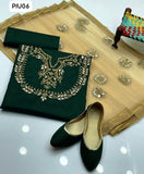 Kataan Fabric Mirror Work Shirt With Along Net Mirror Work Duppata And Plain Kataan Trouser 3Pc Dress With Khussa As a Gift
