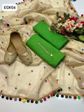 Kataan Fabric Plain Shirt With Along Organza Molty Boti Work & Molty Less Work Dupatta And Kataan Plain Trouser 3Pc Dress With Khussa As a Gift