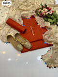 Kataan Fabric Plain Shirt With Along Organza Molty Boti Work & Molty Less Work Dupatta And Kataan Plain Trouser 3Pc Dress With Khussa As a Gift