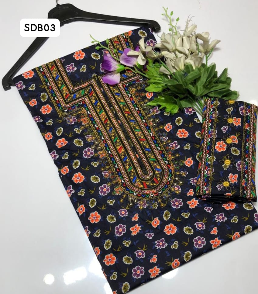 Arabic Linen Fabric Computer Galla Embroidery Work flower Print Shirt With Linen Embroidery Trouser 2Pc Dress
