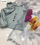 Kataan Silk Fabric Plain Shirt With Net 3D Flowers Bunch Dupatta And Kataan Silk Trouser 3Pc Dress With Buttons & Handmade Chappal Gift