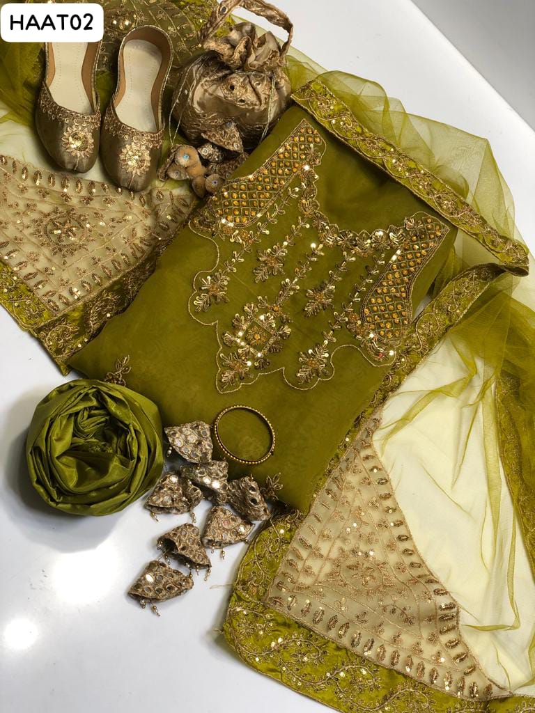 Organza Handmade Neck Embroidered + Daman Booti Shirt With Beautiful 4Side Embroidery Net Duppata And Kattan Silk Plain Trouser With Beautiful Embroidered Khussa, Hanging Clutch or Beautiful Bangle