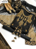 Organza Handmade Neck Embroidered + Daman Booti Shirt With Beautiful 4Side Embroidery Net Duppata And Kattan Silk Plain Trouser With Beautiful Embroidered Khussa, Hanging Clutch or Beautiful Bangle