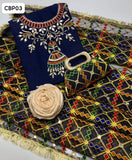 Raw Silk Soft Fabric Mirror Work Shirt With Net Organza Ari Work Dupatta And Masori Trouser 3pc Dress With Clutch As a Gift