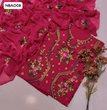 Pure Lawn Fabric Hande Embroidery Mixed Design Neet Work With Chiffon Embroidery Dupatta And Lawn Plain Trouser 3Pc Dress