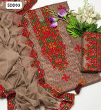 Lawn Cotton Fabric Chunre Print & Aari Gall Daman Embroidery Work Shirt With Chiffon Embroidery 4 Side Dupatta And Lawn Plain Trouser 3Pc Dress