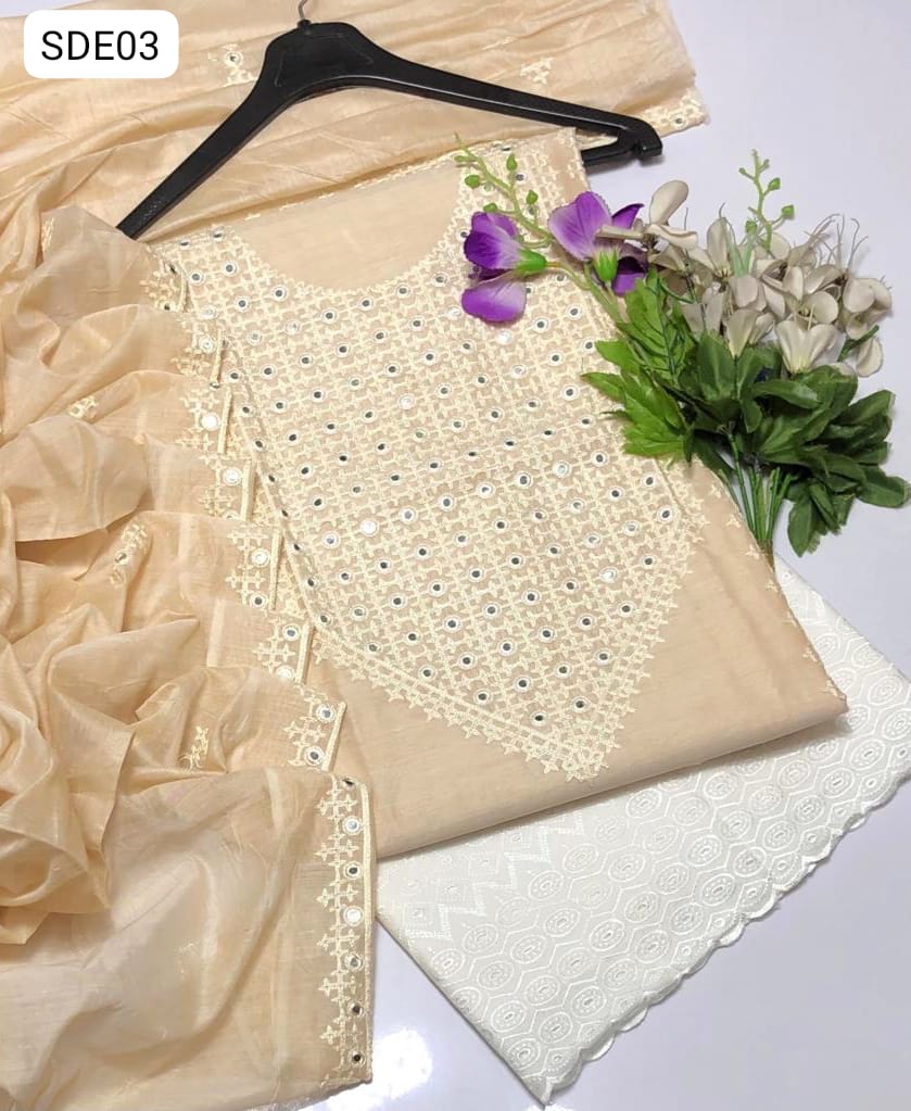 Paper Cotton Fabric Computer Taar Kashi 9mm Embroidery Work Shirt With Paper Cotton 2 Sides Border Embroidery Dupatta And Chicken Kari Trouser 3 Pc Dress