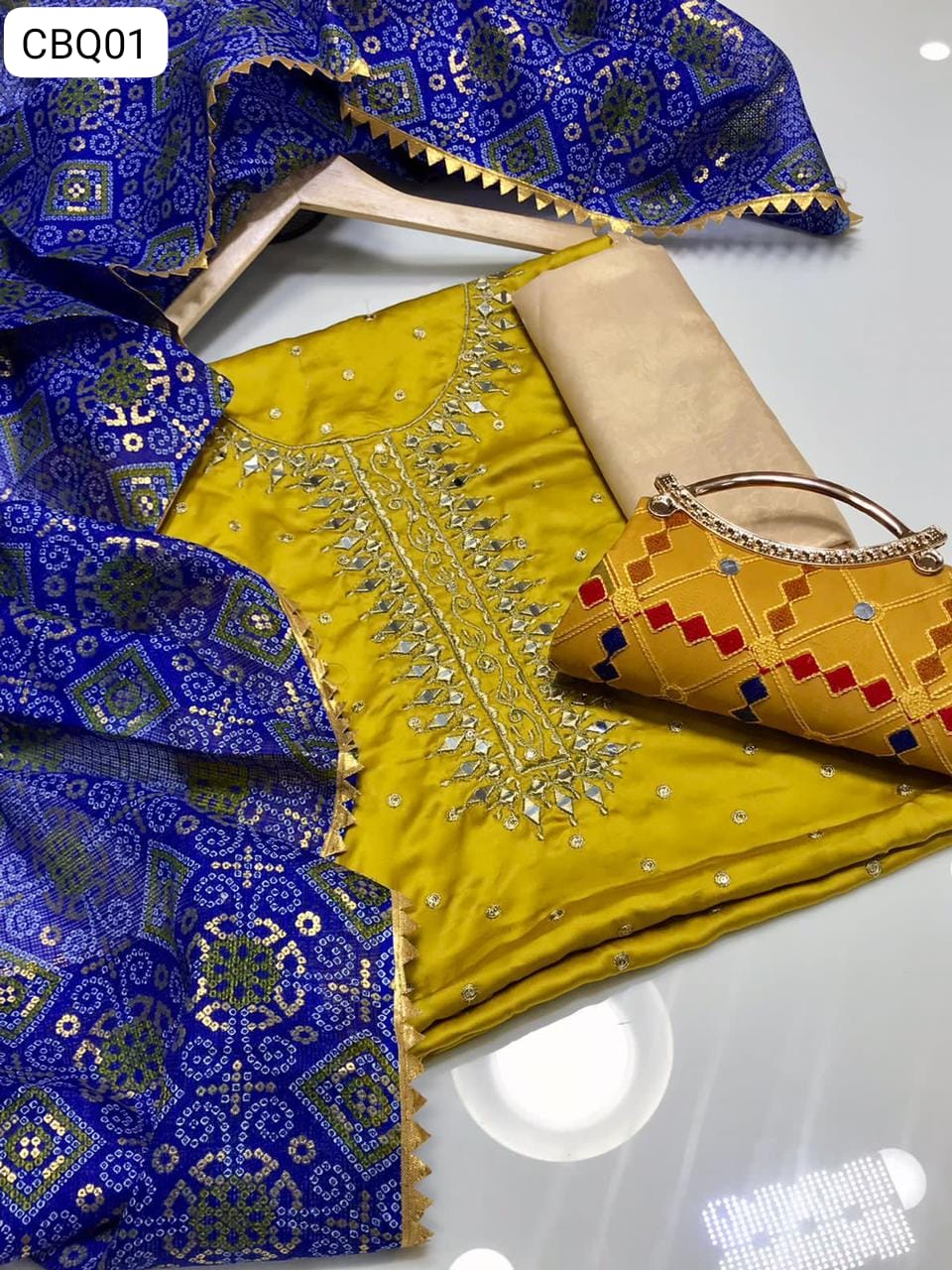 Shamoz Silk Mirror work Shirt with cotton Khaadi Chonri Dupata and Masori Trouser with clutch 3pc Dress