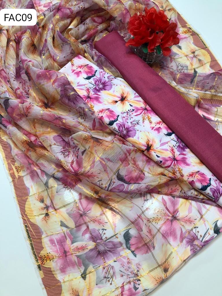 Monar Lawn Fabrics Digital Printed Shirt With Monar Lawn Self Digital Printed Dupatta And Plain Kataan silk Trouser 3Pc Dress