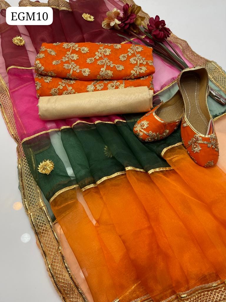 Chiffon Fabric Nag Jaal Work Shirt With Tissue Molty Gota Work Duppata And Masoori Trouser 3Pc Dress With Khussa as a Gift