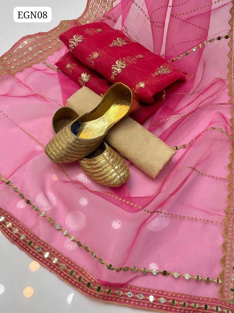 Organza Fabric Jhumka Work Shirt With Along Tissue Paani Shesha Work Duppatta And Masoori Trouser 3Pc Dress With Khussa As a Gift