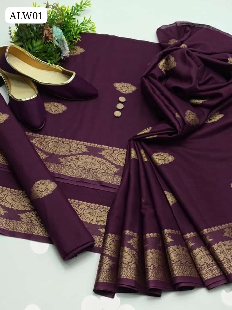 Lawn Fabric Banarsi Jaquard Shirt With Banarsi Lawn Jaquard DUPPATA And Banarsi Lawn Booti Trouser 3Pc Dress With Khussa As a Gift