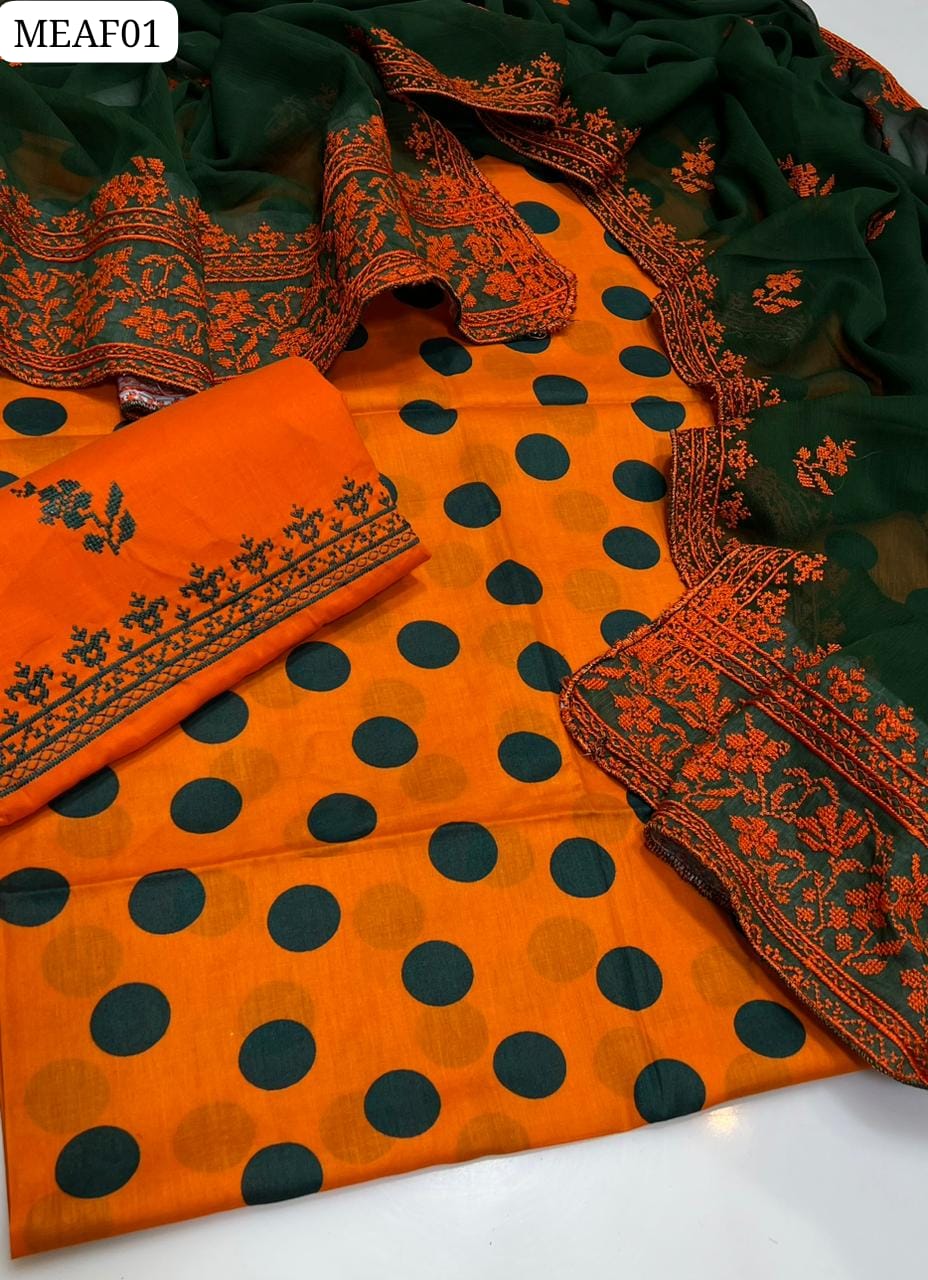 Lawn Fabric Print Shirt With Krincle Chiffon 2 side work karhai Dupatta And Lawn Karhai Trouser 3Pc Dress