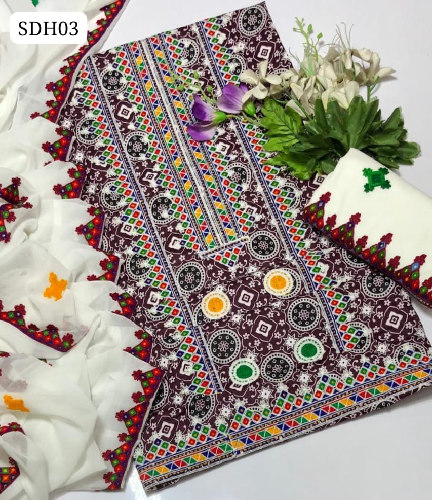 Lawn Cotton Fabric Ajrak Aari Embroidery Work Shirt With Chiffon Embroidery Work Dupatta And Lawn Plain Trouser 3Pc Dress