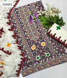 Lawn Cotton Fabric Ajrak Aari Embroidery Work Shirt With Chiffon Embroidery Work Dupatta And Lawn Plain Trouser 3Pc Dress