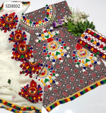 Lawn Cotton Fabric Ajrak Aari Embroidery Work Shirt With Chiffon Embroidery Work Dupatta And Lawn Plain Trouser 3Pc Dress