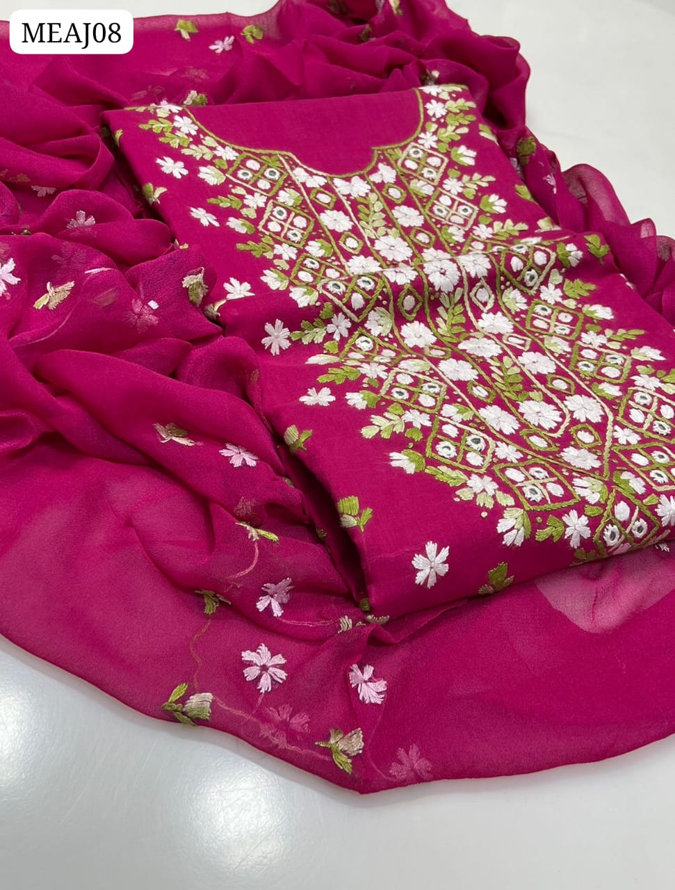 Lawn Fabric Karhai Handmade Embroidery Work Shirt With Chiffon Embroidery Dupatta And Lawn Plain Trouser 3Pc Dress