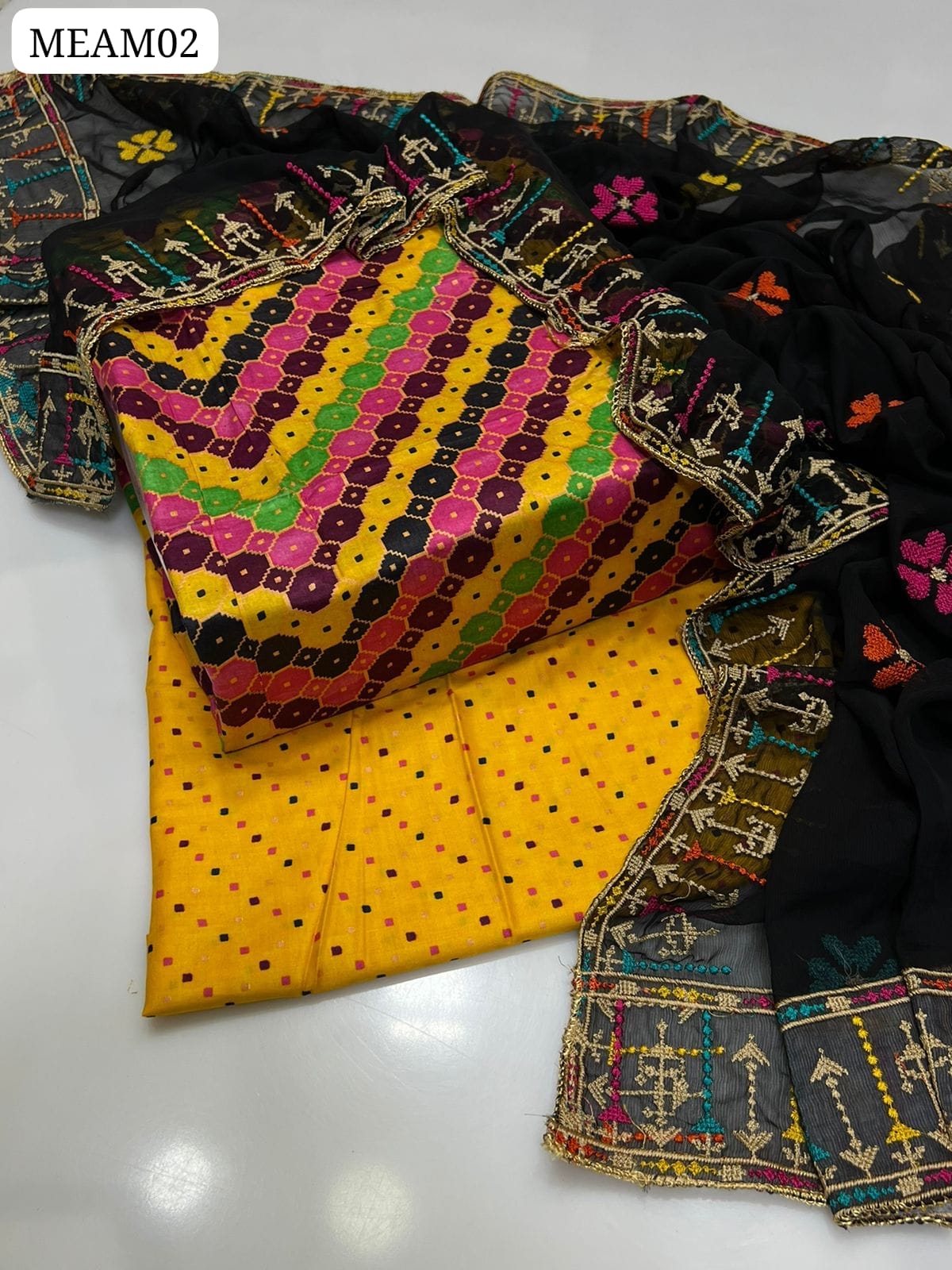 Lawn Fabric Printed Shirt With Chiffon Embroidered Work Borders Dupatta And Lawn Printed Trouser 3Pc Dress